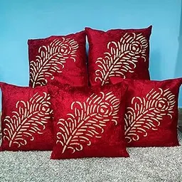 HOMEECART Velvet Cushion Covers - Pack of 5 with Elegant Leaf Design - 16x16 Inch Decorative Throw Pillow Cases for Home Decor - Soft, Plush, and Stylish (Maroon)-picture-56