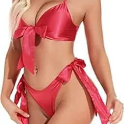 cinoon Women Sexy Lingerie Set Satin Bow Tie 2 Piece Bra and Panty Sets for Honeymoon Nightwear-picture-54