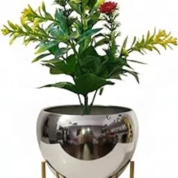 Modern Gold Planter Bowl with Stand, Decorative Metal Flower Pot, Round Shape, Metallic Finish, Indoor Plant Container (Silver) image 1
