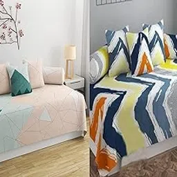 IVAZA Premium Floral Printed Cotton 6 Piece diwan Set Combo -(2 diwan bedsheet, 10 Cushion Covers, 4 Bolster Covers, Pastle Green & Yellow Weavs-image-96