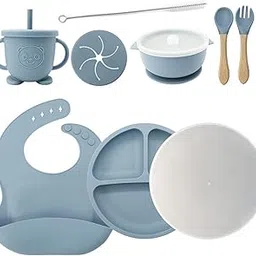 SNAPPSY Silicone Baby Feeding Set Sippy Cup Baby Utensils for Kids Babies Boys Girls Gray Blue-image-11