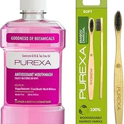 PUREXA Antioxidant Mouthwash Watermelon Mint 250ml + Bamboo Toothbrush Combo | Alcohol-Free Fruit Mint Rinse & Charcoal Soft Bristle Brush | Natural Freshness & Eco-Friendly Oral Care-image-2