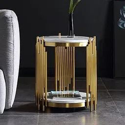 EardoWin Contemporary Round High-Tech Side Table with Golden Trim This Marble Like Side Table Provides More Than Just a Robust Surface for Storage (White Gold 2)-picture-53