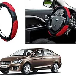Auto Pearl - Ring Type Car Steering Wheel Cover Universal Genuine PU Non-Slip Natural Rubber Well Padded Grip Breathable Leatherite for - Ciaz (Ultimate Black Red)-image-1