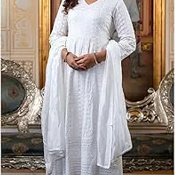 siril Women's Rayon Chikankari Embroidered Anarkali Kurta with Pant & Dupatta-picture-11