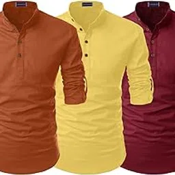zombom Men's Combo Cotton Blend Solid Mandarin/Chinese Collor Full Sleeve Kurta Shirt (Pack of 3)-picture-39