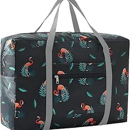 wuzigolf Extra Large Storage Duffle Bag with Zippers and Handles, Big Foldable Duffle Bag for Travel, Water Resistant Weekender Overnight Bags for Women and Men, 18.9x12.6x6.3in Black Flamingo-picture-24