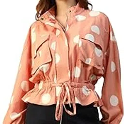 Women Polka Dot Print High Neck Zip & Button-Down Front Elasticated Tie-Up Detail Bomber Jacket with Chest Pocket-image-14