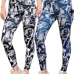 pinaak fashion Womens High-Waist Printed Yoga Leggings with Phone Pocket, Smoke Pattern, Athletic Workout Gym Pants, Pack of 2 Blue-Black-picture-13