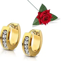 peora Gold Plated CZ Studded Hoop Huggie Bali Earrings Valentines Gift for Men with Red Rose-picture-29