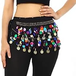 radiant fashion world Radiant Fashion Belly Dance Hip Scarf, Bling Sequin Belly Dance Wrap Belt Skirt with Multicolor Coins, Chiffon Belly Dance Costume for Women image 1