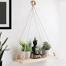 MPIRE® Macrame Wall Hanging Shelf Plants, Books, Decorative Items Boho Wood Floating Shelves with Wooden Beads & Ring Woven Bohemian Chic Decor for Dorm Nursery Gift Item 55 x 43 cm Off-White-image-57