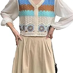 icw Women's Retro Style Boho V-Neck Crochet Hollow Out Puff Sleeve Botton-up Crop Top Shirt Pack of 1/DN667-picture-28