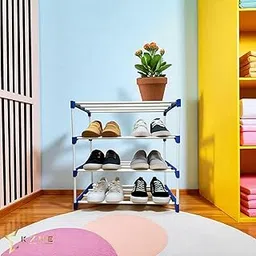 Threads Mind 4 Shelves Shoes Rack for Home Plastic, 4 Tier Shoe Rack with Shelf, Folding for Bedroom, Book Shelf, Footwear Stand (Blue and White) Shoe Rack Plastic-image-2