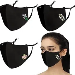 masq Reusable, Washable, Anti-Bacterial(BFE>99%) 4 Layer Embroidered, Fashionable 100% Pure Cotton Cloth Face Mask for Women with Ear Adjusters Pack Of 3-picture-21