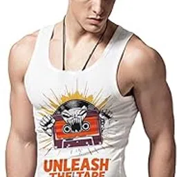 me funky Unleash Graphic Cotton Vest for Men – Retro Cassette Print Sleeveless Tank Top for Gym, Summer & Casual Wear White-picture-51