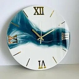 Myenal Modern Luxury Resin Wall Clock | 40 * 40 cm (16 inch) | White and Teal with Gold Roman Numerals (25 * 25 cm (10 inch))-picture-23