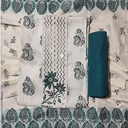Traditional Cotton Dress Material, White with Teal Paisley Print, 3 Piece Unstitched Suit Set with Embroidery-picture-16