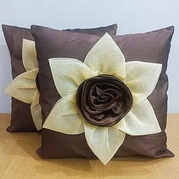 LOFEY Silk Flower Cushion Covers Set of 2 | Elegant 16x16 Inch (40x40cm) Square Pillow Cases for Sofas, Beds, and Chair (Brown)-picture-29