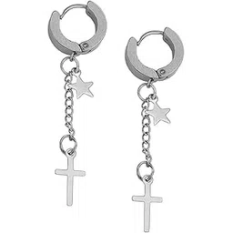 sullery Religious Jesus Cross Double Chain Star Charm Silver Stainless Steel Hoop Earrings For Men And Women-picture-34