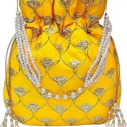 mahvarya Ethnic Women’s Yellow Silk Potli Bag with Pearl Handle, Golden Latkan & Sequin Embroidery – Ideal for Weddings, Festive Functions & Parties-picture-17