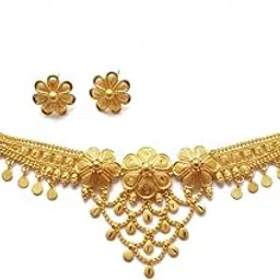 Traditional Gold-Plated Floral Choker Necklace and Earring Set, Ethnic Wedding Jewelry with Dangling Drops-image-26