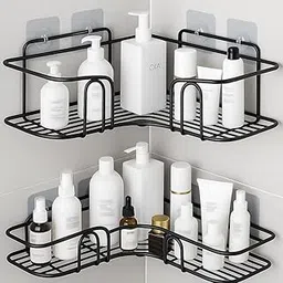 RAQAX Drill-Free Corner Shelf for Bathroom & Kitchen – No-Drill Self-Adhesive Wall Organizer, Black CED Powder-Coated, Rustproof, Space-Saving Storage Rack, Heavy-Duty Load Capacity image 1