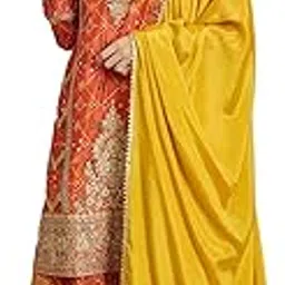 miss ethnik Women's Chinon Stitched Top with Bottom and Dupatta 3/4 Sleeve Embroidered Kurta Palazzo Set (MEY-1255-Yellow)-picture-23