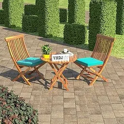 Sheesham Wooden Chair with Table Set Outdoor Balcony Garden Coffee Table Set Furniture (Brown with Blue Cushion)-picture-25