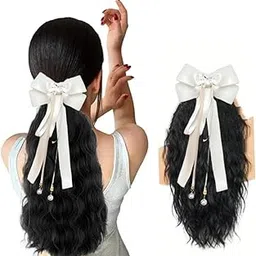 Miss Lirenn® Elegant White Satin Hair Bow Barrette Hair Extension with Pearl Beads, 18 Inch Length, Long Ribbon Streamer, Black Color (Black)-picture-36
