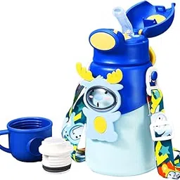 JOYFILLS 3D Animal Kids Water Bottle – 2-in-1 Stainless Steel Sipper Cum Thermos Flask with Straw & Cup | Insulated, Leak-Proof | 316 Steel Bottle for School, Play, Travel (Blue Deer - 500 ml)-picture-34