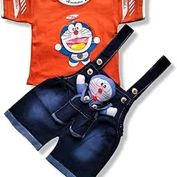humpu Kids Half Sleeve Denim Dungaree Dress Set With Printed T-Shirt For Baby Boys & Baby Girls (Orange) Size 0-6 Month-picture-14