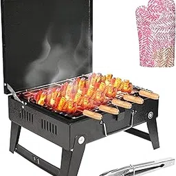 ORILEY Traveler Foldable Charcoal Barbeque Grill with 5 Sticks 1 Tongs 1 Glove Portable Free Standing BBQ Tools for Home Outdoor Camping Picnic Travel Cooking (Pack of 1, Black)-image-24