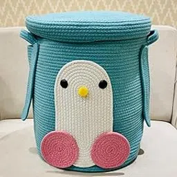 Xxl Cotton Rope Storage Basket With Lid For Laundry, Toys, Clothes | Cute Cartoon-Themed Organizer Bin | Towel & Blanket Hamper For Bedroom Or Playroom | 14X16 Inches | Sea Green Penguin-picture-45