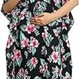 Women Rayon Black Pink Flower Feeding Maternity Kaftan Nighty-image-56