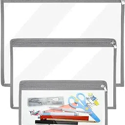 Lify Clear Zipper Waterproof Pouches Pencil Pouches PVC Makeup Pouch Envelopes Folder Storage Multi Purpose Pouch Document File Organization Bags, Office Supplies- 3Piece Pack (Grey) image 1