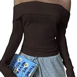 Women's Off-Shoulder Long Sleeve Top, Brown Fitted Crop Style with Fold-Over Neckline, Casual-image-4