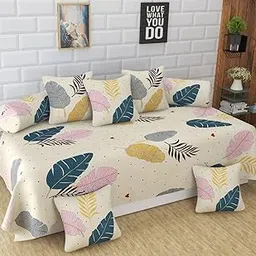 BAJO'S Diwan Set - Pure Glace Cotton, Printed Design, 1 Single Bedsheet, 5 Cushion Covers, 2 Bolster Covers, Soft & Smooth, 60 x 90 inches-picture-32