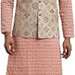 sojanya (Since 1958 Men's Pure Cotton Peach Kurta and White Pyjama with Orange Cotton Nehru Jacket-picture-22