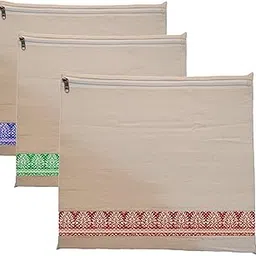 Cotton Saree Bags/Covers with Zip Closure || Beach Colour || Large size (16 x 14.5 Inches) Clothes Organiser With Transparent Net Window (Pack of 3)-picture-32