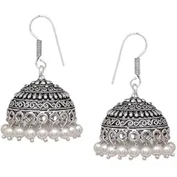 haniya Oxidised Silver Plated Hook Drop Jhumka Jhumki Earrings Jewelry for women-picture-32