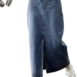 dazogo High-Waisted Washed Denim Midi Skirt with Front Slit for Casual and Chic Street Style-picture-50