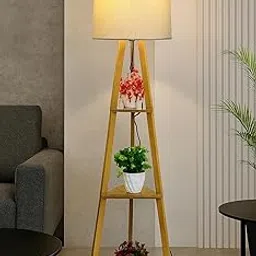Modern Floor Lamp with Storage Shelves, Wooden Tripod Design, Beige Fabric Shade.-picture-24