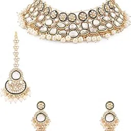 zaveri pearls Green Enamel Kundan & Pearls Bridal Necklace Earring & Maangtikka Set For Women-ZPFK21758-picture-16