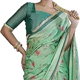 Women's Chiffon Printed Foil Work Saree with Blouse Piece-image-28