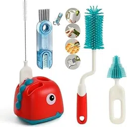 Baby Bottle Cleaning Brushes Set with Stand for Baby Milk Bottle Nipple Straw, Silicone Bristle Baby Bottle Cleaner Brush with Lid Cleaning Brush for 360° Movable Easy Cleaning Brush 5 in 1 Set image 1