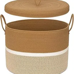14" x 14" x 15" Extra Large Storage Basket with Lid, Cotton Rope Storage Baskets, Laundry Hamper, Cloth Bin, for Clothes Towels Blankets Pillows Storage in Living Room, (MULTI-B15)-picture-16