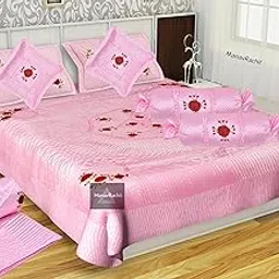 ManavRachit Satin Red Rose Floral Embroidery 310 TC King Size Wedding Bedding Set of 8pc(1 Bedsheet, 2 Pillow Covers, 1AC Comforter, 2 Cushions, 2 Bolsters) for Home & Living Room (Pink)-picture-19