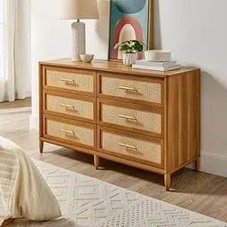 TGF Furniture Store Modern 6-Drawer Dresser with Cane Front Panels – Natural Finished Wood Frame – Natural Rattan Drawers – Bedroom Storage Chest-picture-25