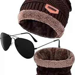 fy lane 0066 Beanie/Skull Cap & Neck Warmer (Muffler) Aviator Black Sunglasses Combo for Winters with F Hedging Hat Scarf Set |Air Proof Cap Woolen Cap | Ear Warmer Cap Pack of 2 Set-picture-48